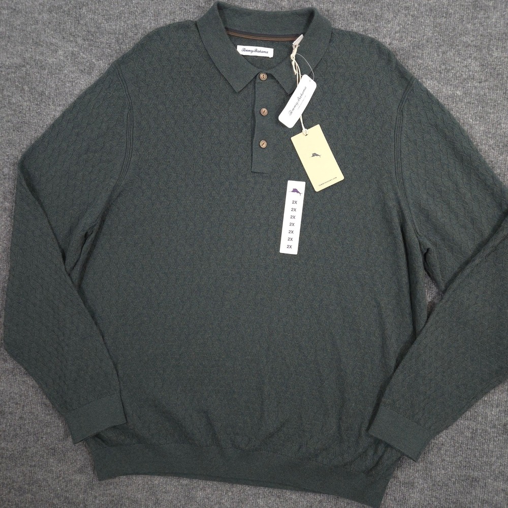 Tommy Bahama Capital Cable Sweater Polo Shirt Mens XXL Green Cashmere Blend NEW